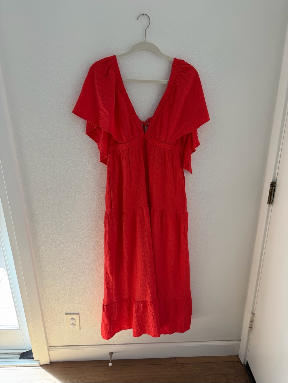 Red V-Neck Ruffle Maxi Dress